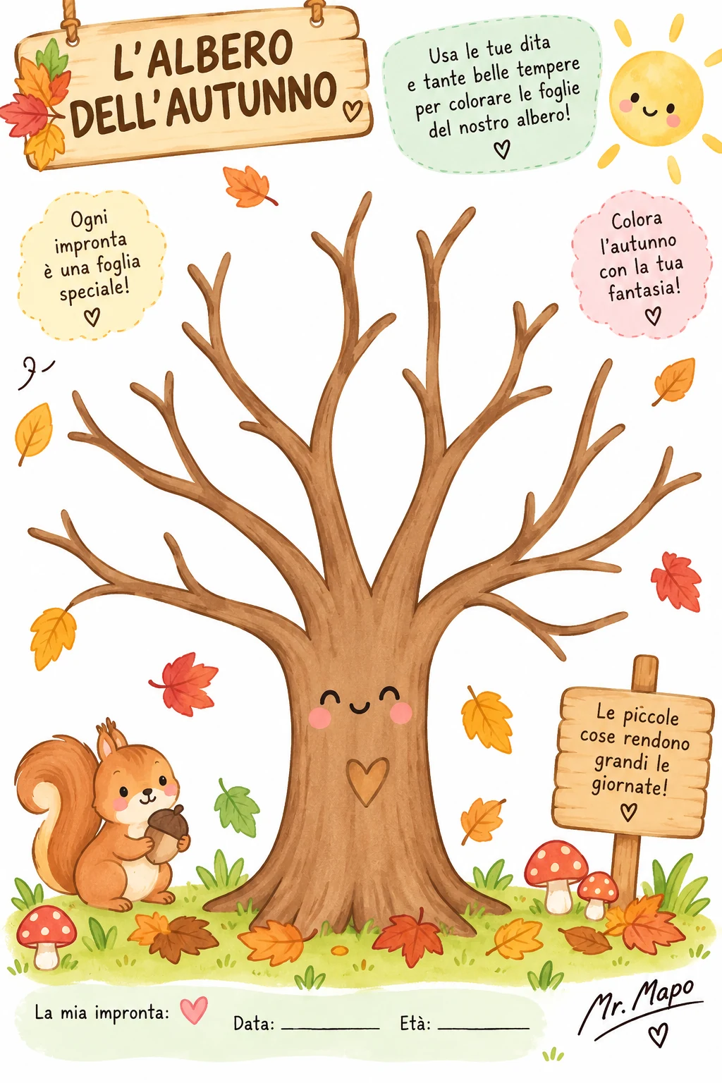 Scheda «L'albero dell'autunno» con un grande albero spoglio, uno scoiattolo e funghetti, da riempire di impronte colorate