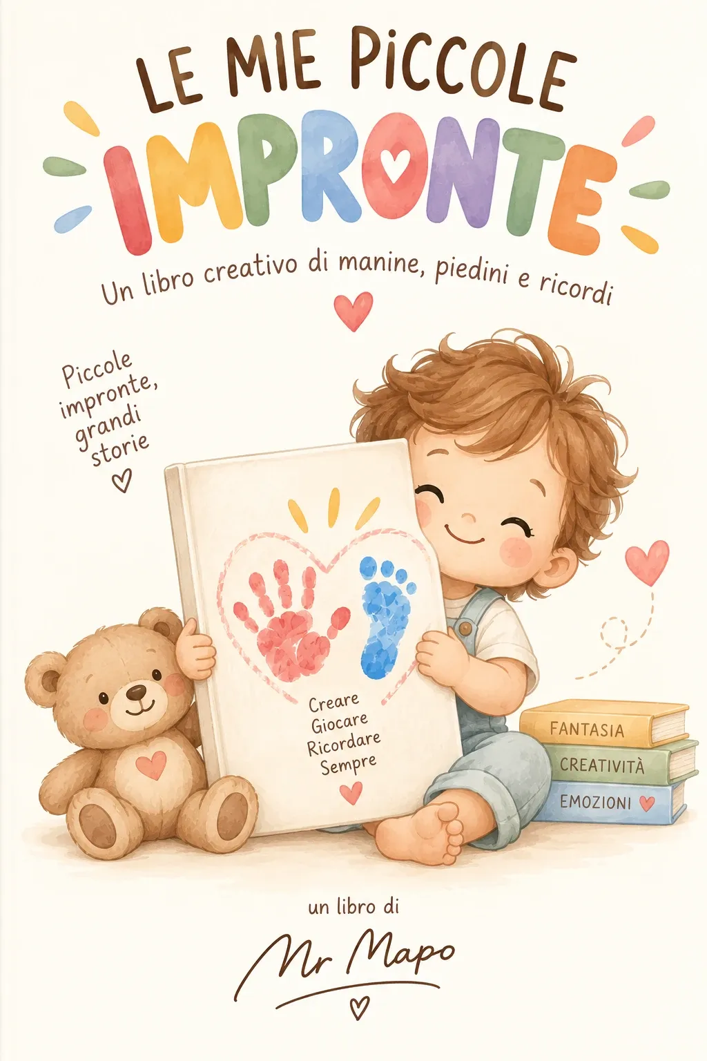 Copertina de "Le mie piccole impronte" con tre impronte di manine colorate, cuori e foglie su sfondo giallo