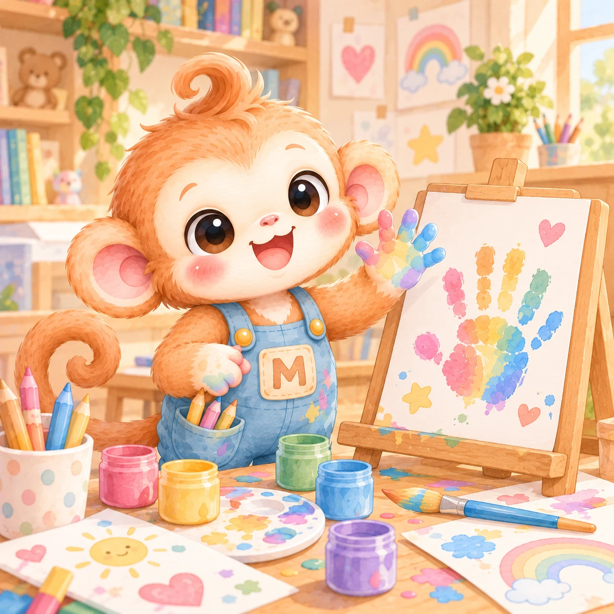Mr. Mapo che mostra la mano colorata davanti a un cavalletto con un'impronta arcobaleno, tra vasetti di tempera e disegni