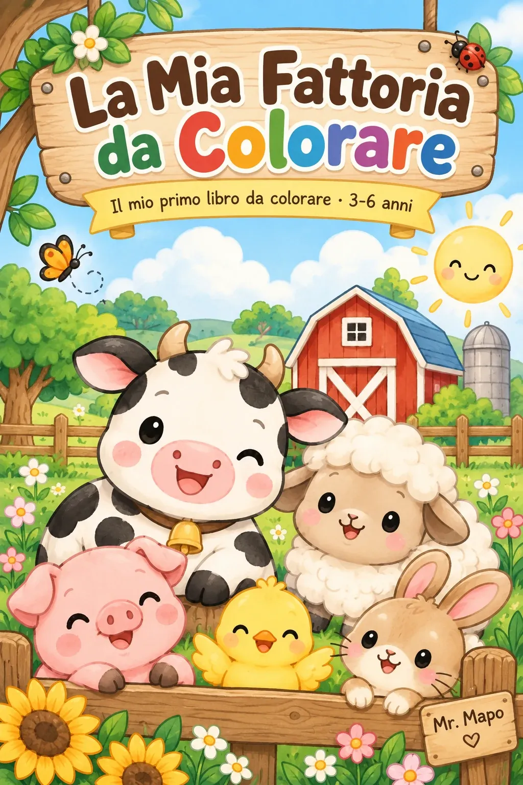 Copertina de "La Mia Fattoria da Colorare" con una mucca kawaii, un pulcino e una stalla rossa su un prato verde