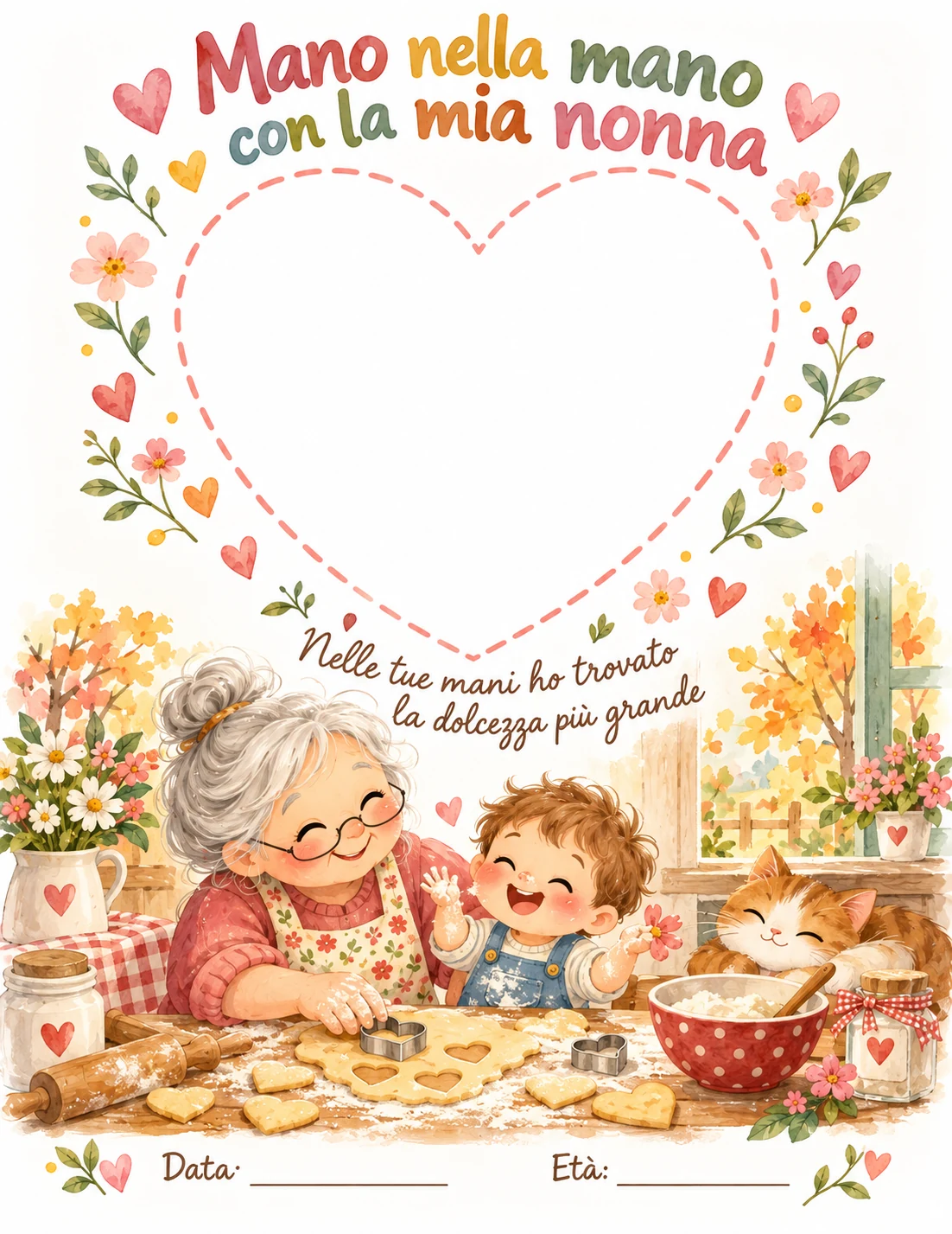 Scheda «Mano nella mano con la mia nonna» con un cuore da riempire e una nonna che impasta i biscotti con il nipotino