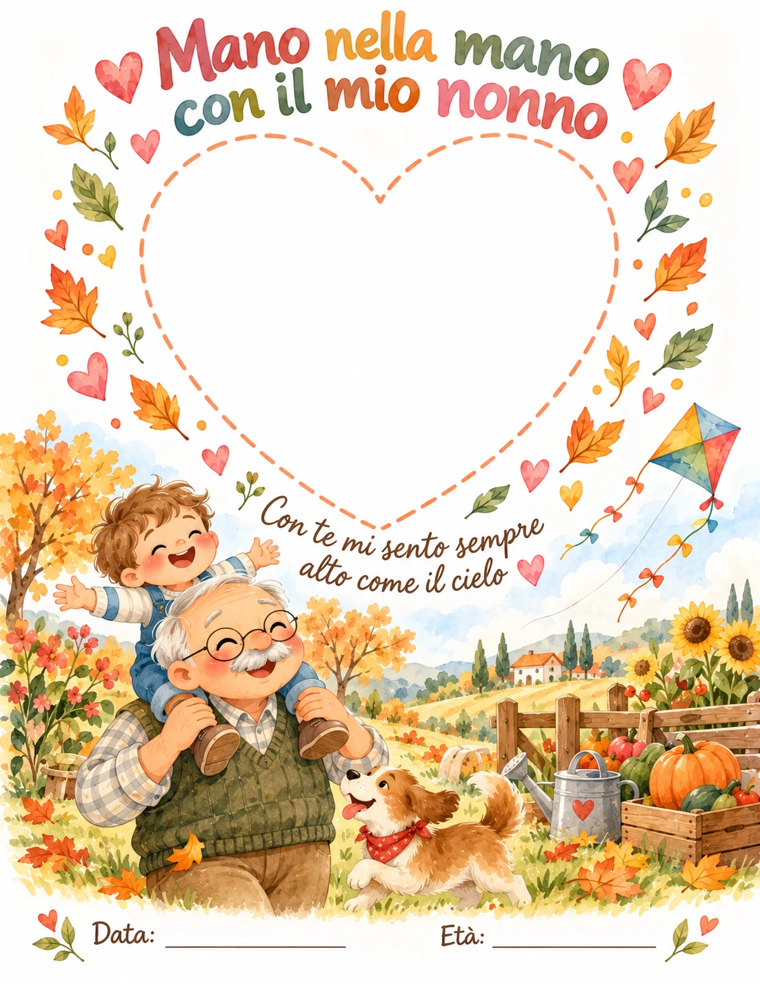 Scheda «Mano nella mano con il mio nonno» con un cuore da riempire e un nonno che porta il nipotino sulle spalle tra i campi d'autunno