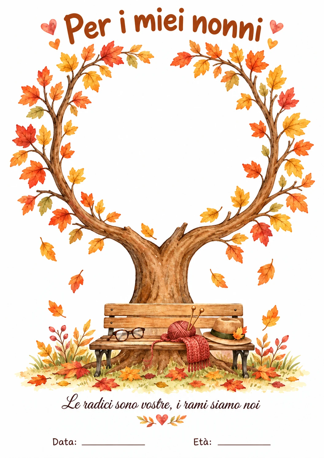 Scheda con un albero autunnale, una panchina e lo spazio bianco nella chioma per le impronte delle mani